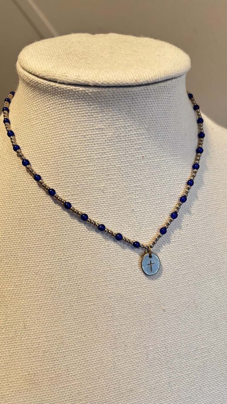 Forgiven Cross Charm Necklace with Blue Beaded Chain